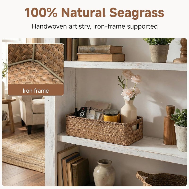 StorageWorks Wicker Toilet Paper Basket for Back of Toilet Baskets, Seagrass Bathroom Basket Organizer and Storage for Tank Topper, Small Tank Trays for Decor with Built-in Handles, Brown - Image 4